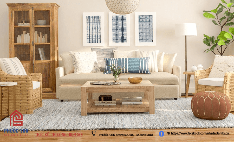 Nội thất phòng khách thân quen với nét thô mộc từ gỗ